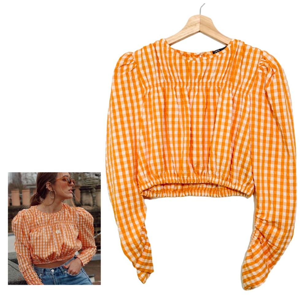 Zara Checkered Crop Top Orange White Long Puff Sleeves Size Small NWOT